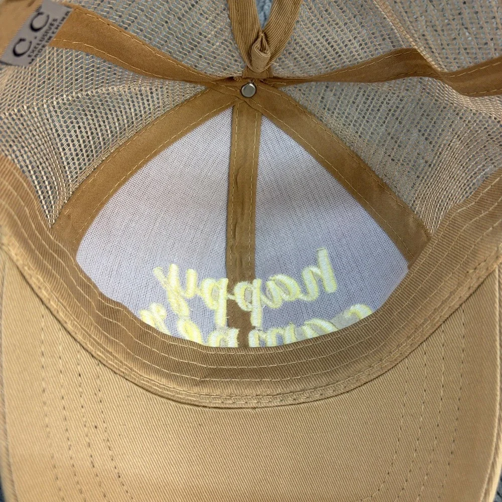 C.C Exclusives Happy Camper Tan Khaki Ponytail Mesh Back Trucker Hat Cap